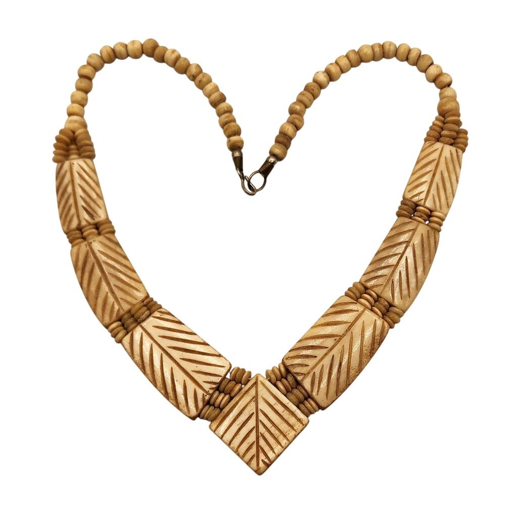 Vintage Carved Bovine Bone Necklace Boho Tribal Statement 18 Inch Handmade